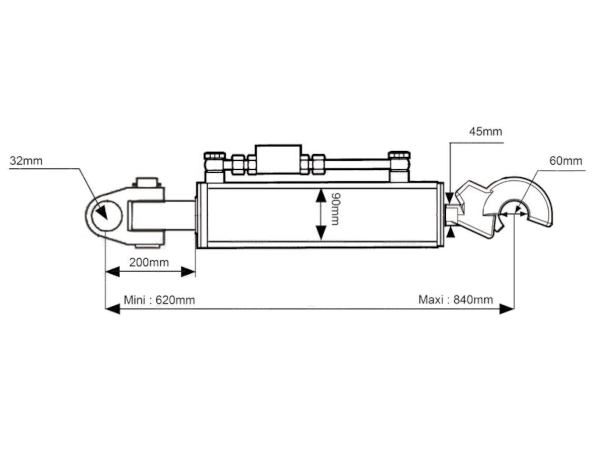 Hydraulischer Oberlenker (Kat.3/3) Kardan und Q.R CBM Haken, Zylinderbohrung: 90mm, Min. Länge : 620mm.