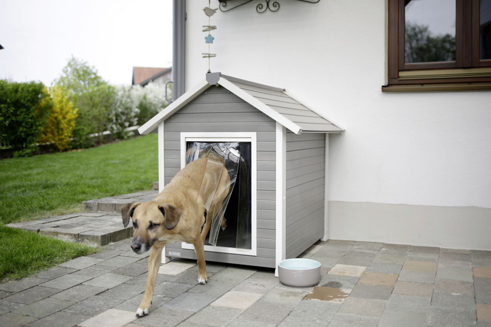 Hundehütte mit Lamellenvorhang